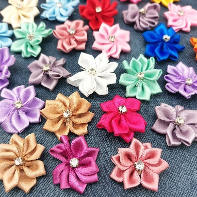 50 Unidades/Pacote 2.8 Centímetros Fita De Flor De Cetim Com Laços De Cristal Rosa Para Artesanato , Costura , Apliques