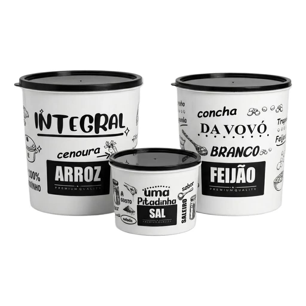 Kit 3 Potes Mantimento Arroz Feijao Saleiro Tampa Hermetica