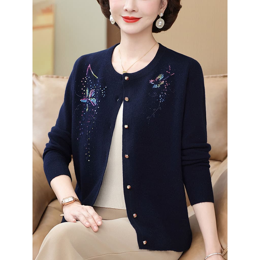 Hengyuanxiang Roupas da mãe Cardigan de caxemira pura em torno do pescoço de manga comprida Cardigan Suéter de meia-idad