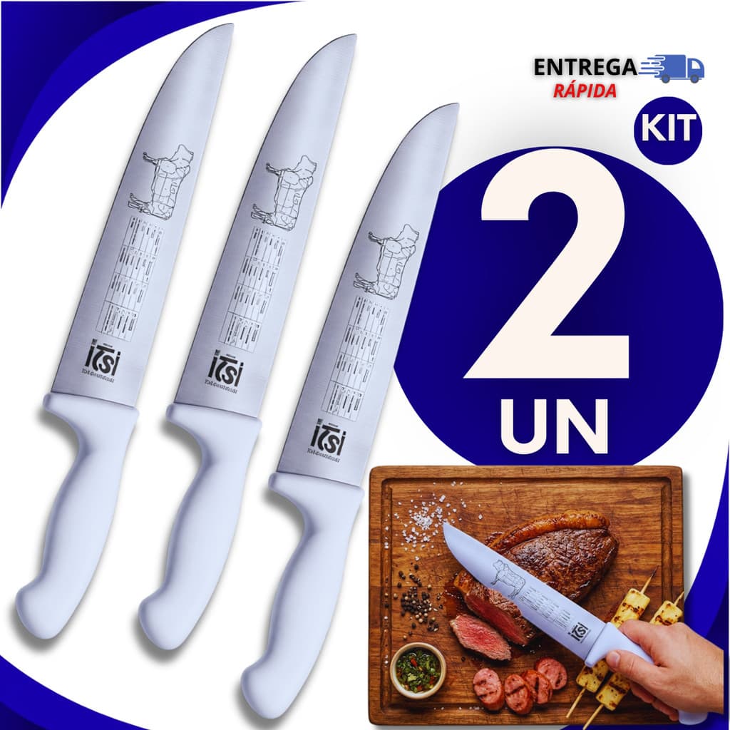 Jogo 02 Facas Carne Chef Aço Cabo Branco 8" Profissional Churrasco Entre as melhores facas de cozinha Premium Utilidades