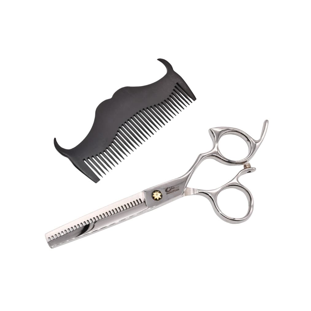 Tesoura Ergonômica Profissional 6 Polegadas Dentada Invertida + Pente de Madeira Formato Bigode