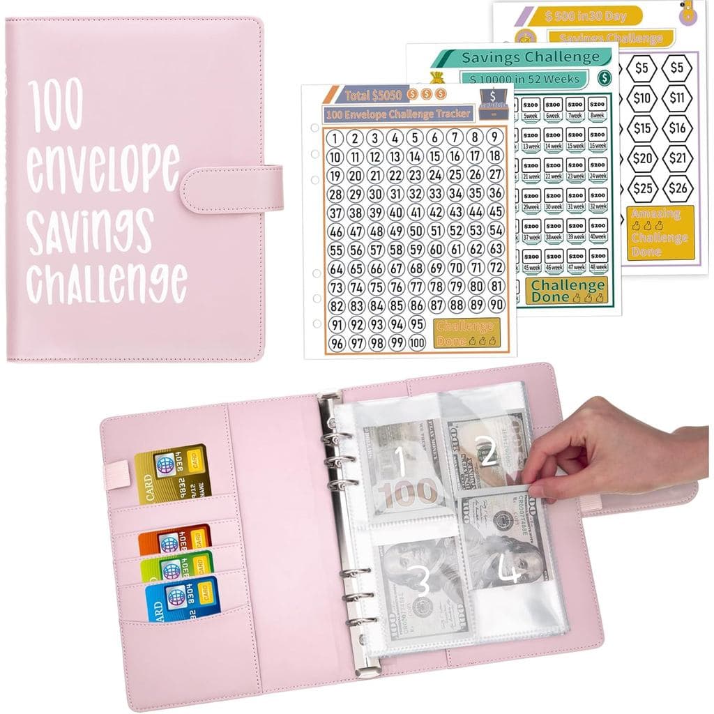 Pasta de Desafios de Poupança Ndsox com 100 Envelopes, Pasta de Orçamento A5 com Envelopes para Dinheiro, Livro de Desaf