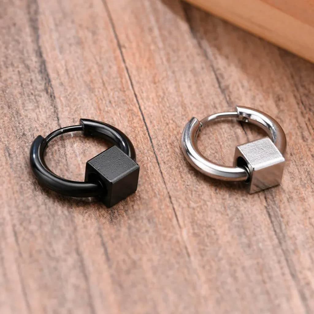 Par de Brincos Masculino Argola Geométrico em Aço Inox