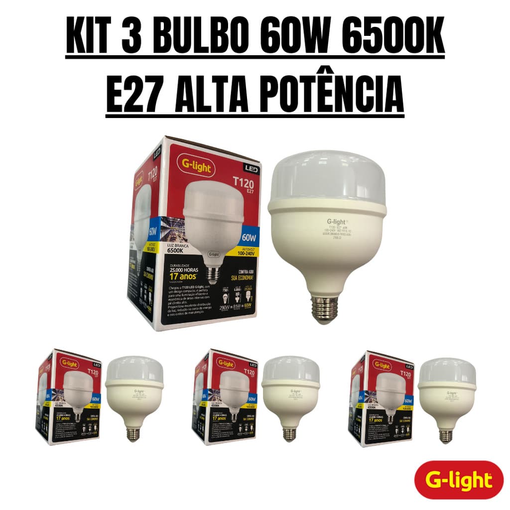 KIT 3 LÂMP LED BULBO 60W ALTA POTÊNCIA 6500K E27 BIVOLT GLIGHT