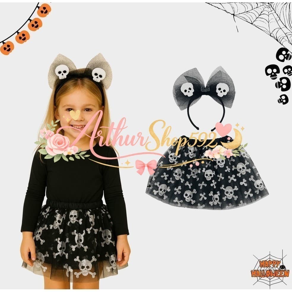 (V)Fantasia Infantil Caveirinha Halloween – Saia Tule 30cm + Tiara com Laço e Caveiras 💀🎃5ZUP