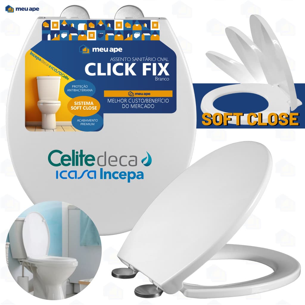 Assento Sanitário Tampa Vaso Soft Close Click Fix Oval Universal Deca Icasa Fiori Roca Celite Incepa