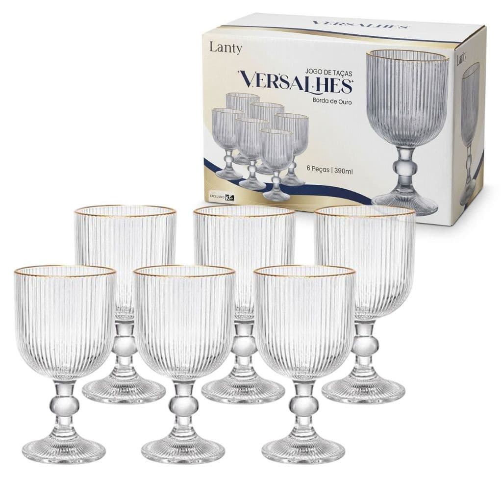 Jogo 6 Taças 390ml Vidro Canelado Versalhes Borda Dourada