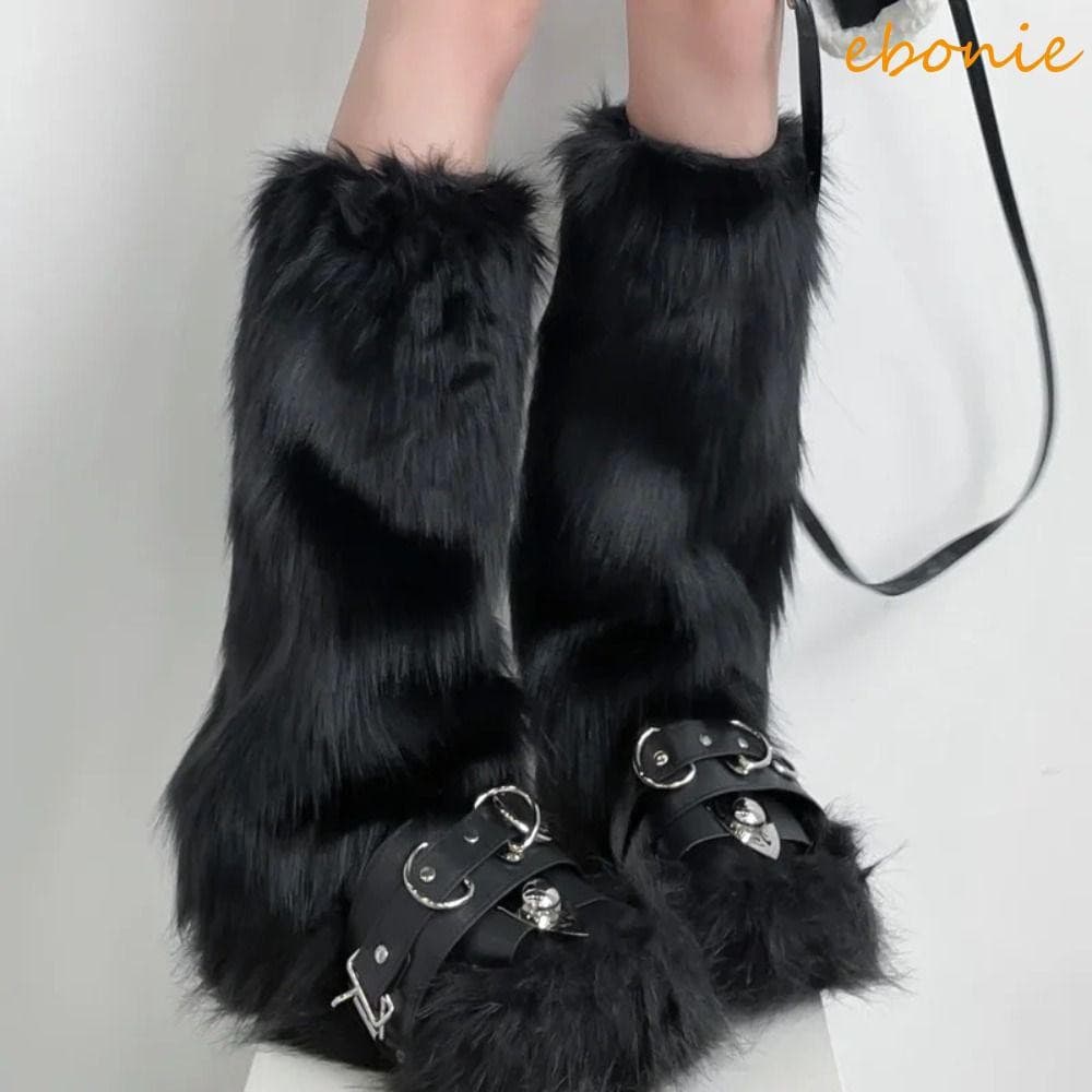 Aquecedores De Pernas Peludos EBONIE , Capa De Botas Lolita Espessadas De Pele Sintética , Meia De Tubo Longo Com Laço J