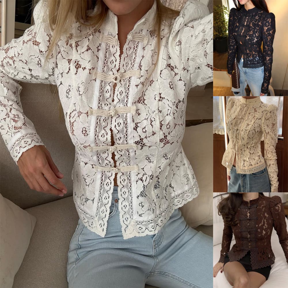 Camisa Elegante De Crochê De Renda Com Gola Alta E Ajuste Fino Para Mulheres