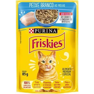 Sachê Friskies para gatos adultos sabor peixe branco ao molho 85g.