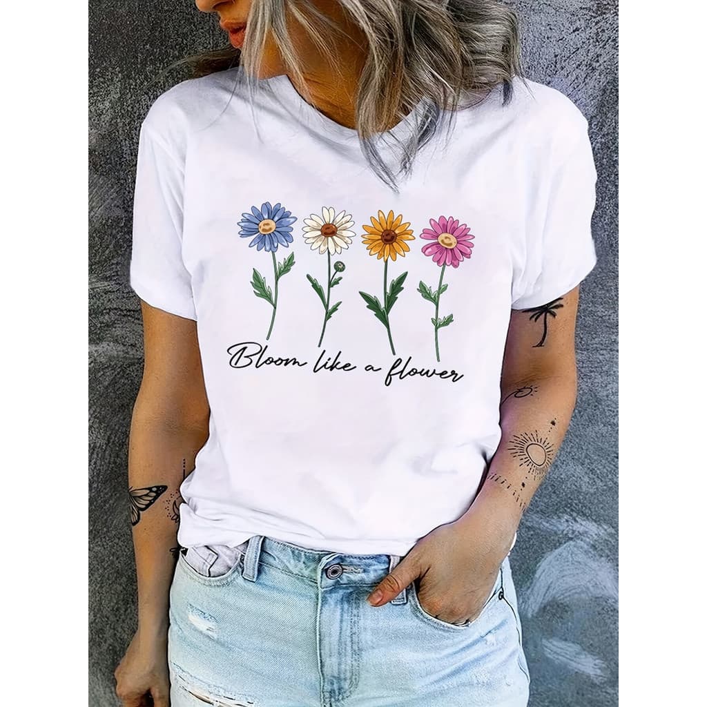 Camiseta Feminina Floral Floresça Como Uma Flor Algodao Moda