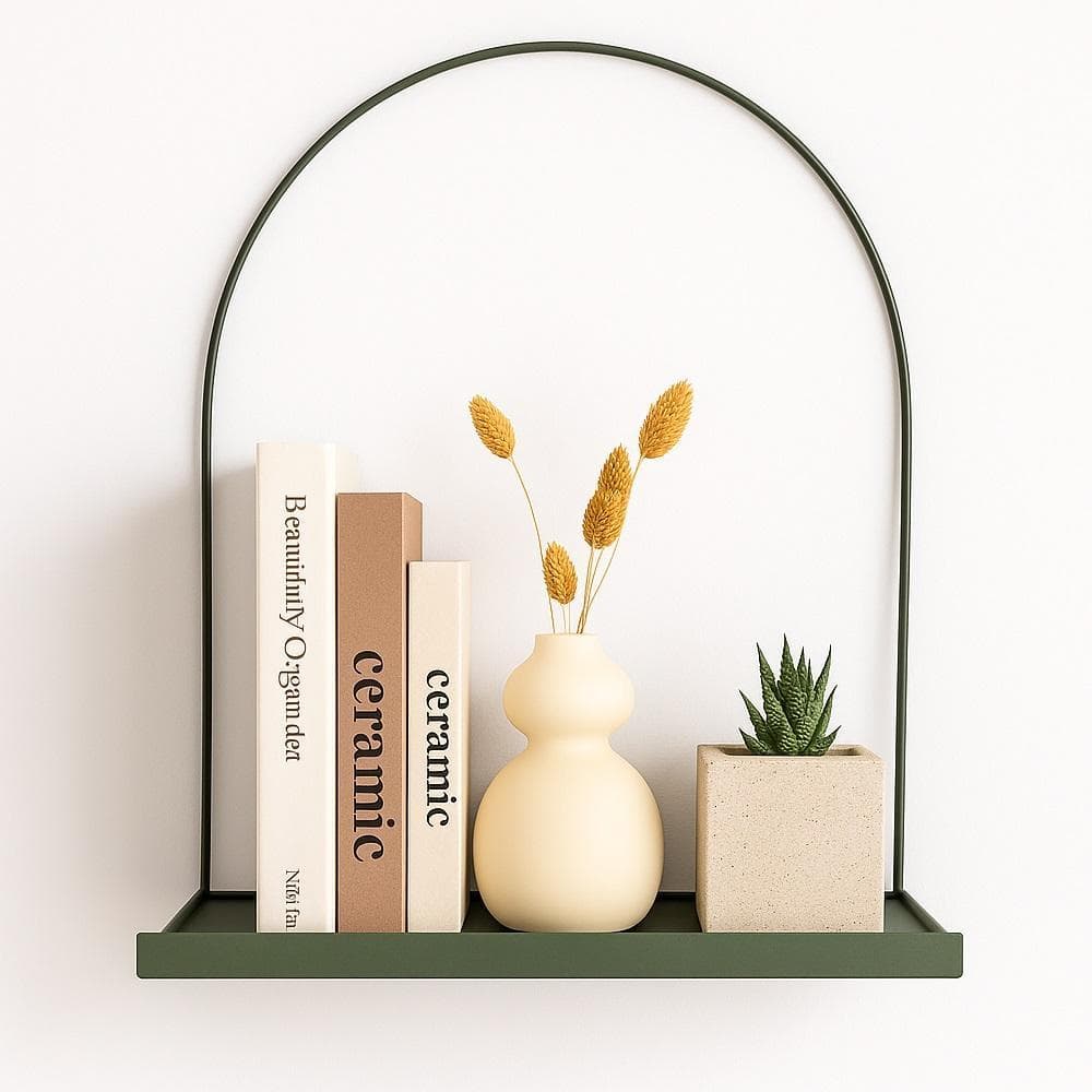 PRATELEIRA NICHO ARCO VERDE MILITAR METAL DECORATIVA RETRO LUXO ORGANIZADORA MODERNA LIVROS SALA MULTIUSO