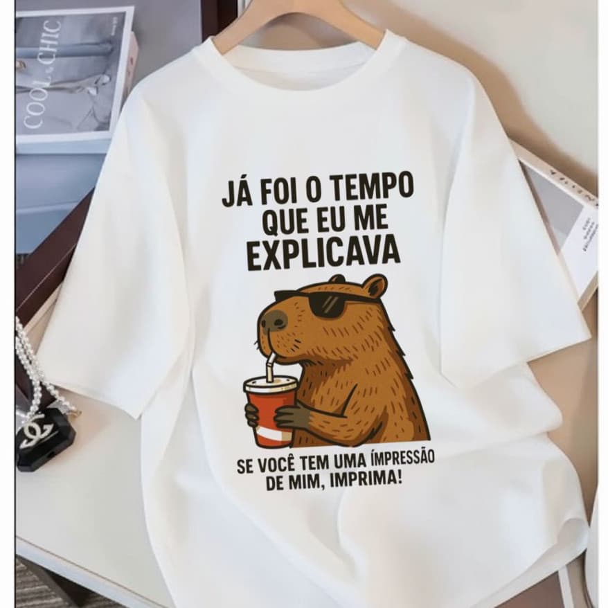 Camiseta Camisa 100% Algodão Premium Blusa Delicada Fofa Barata Casual Meme Engraçada Estilosa Capivara