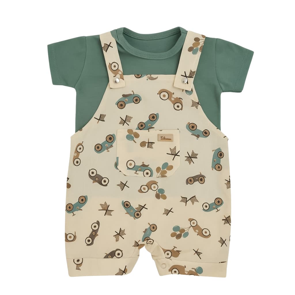 Jardineira Menino Infantil Palha Com Camiseta Verde