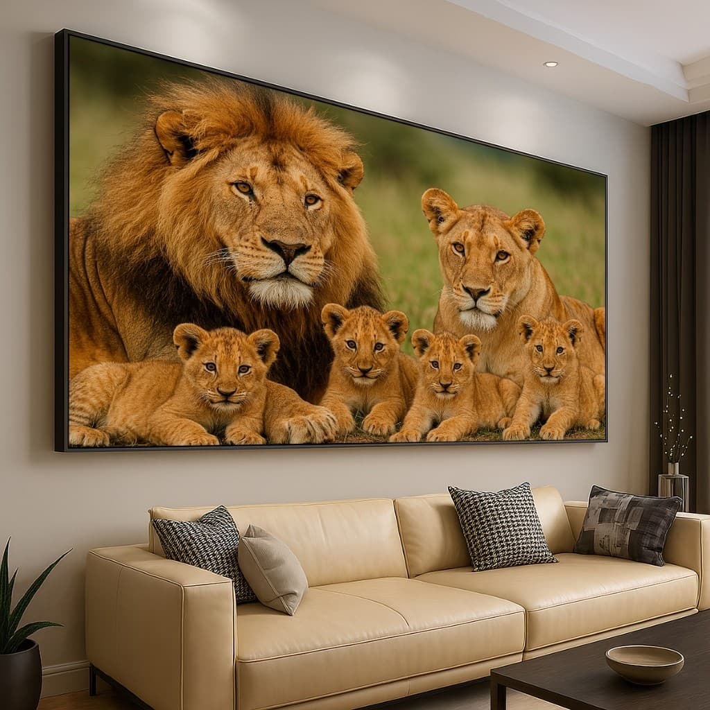 Quadro Decorativo GRANDE Alta Resolução Quadro Familia de Leão com quatro filhotes horizonta