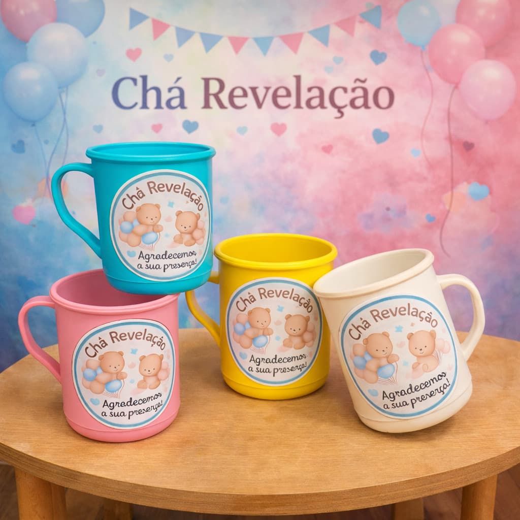 Kit 10 canecas plástico chá revelação chá de bebe  personalizada lembrancinha presente brinde