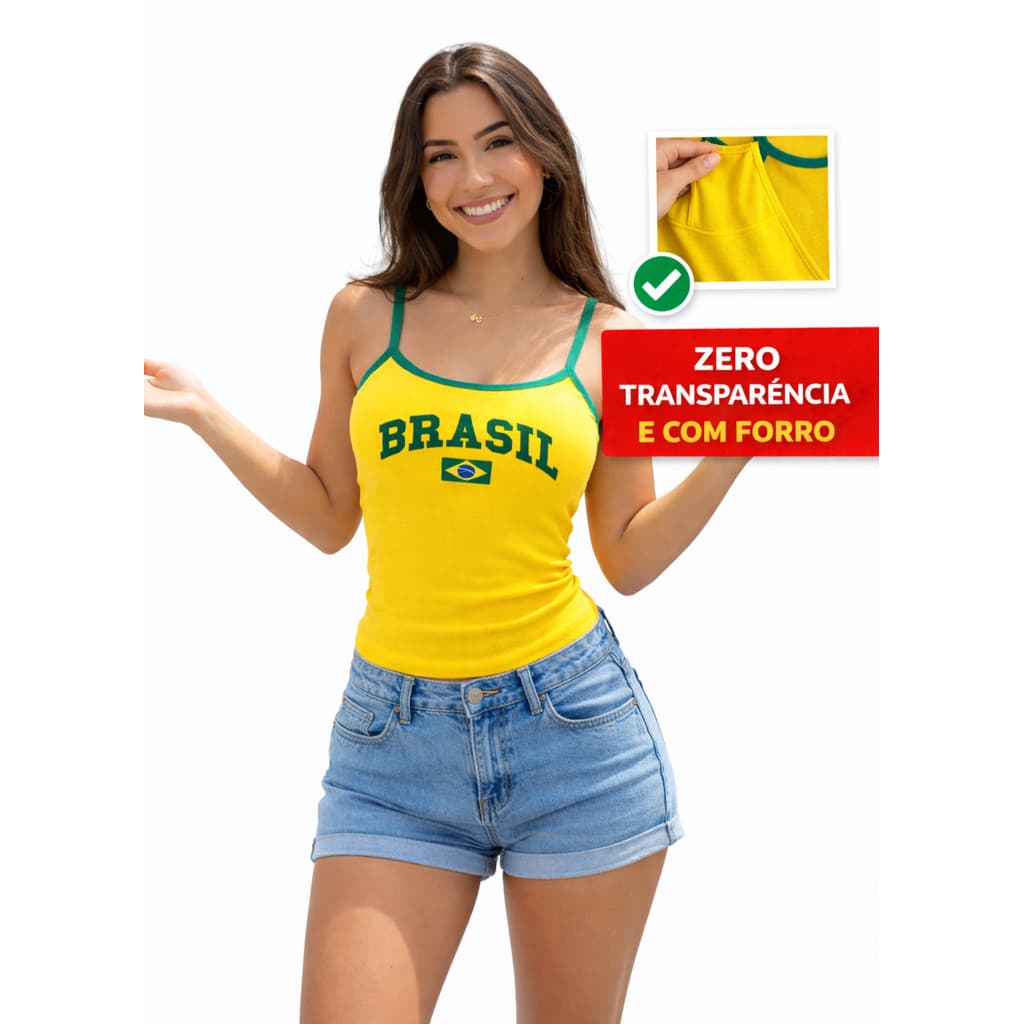 Regata Baby Look Feminina Brasil Blusa Tipo Gringa Estilo Virgínia Estampada Com Forro Elasticidade