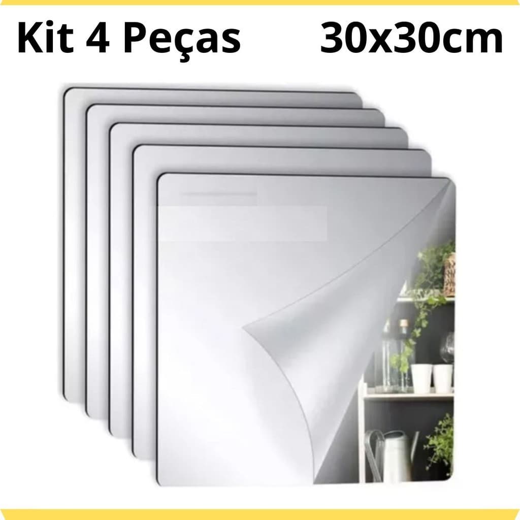 Kit 4 Espelhos Decorativo Quadrado 30x30cm Acrílico Seguro com Adesivo para Banheiros, Salas, Quartos e Guarda-roupas