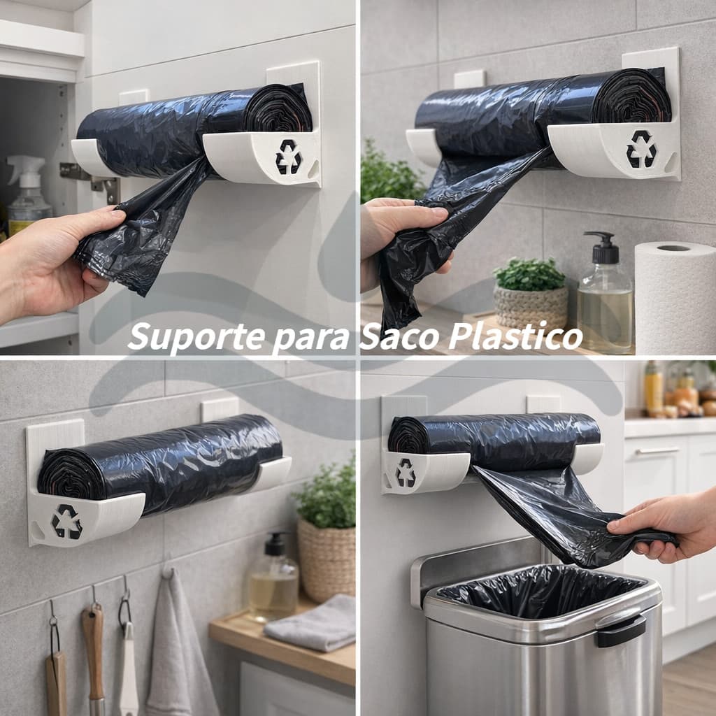 Suporte Rolo de Sacos Plásticos Sacolas de Lixo para Armário – Organização de Cozinha Fita Dupla Face sem Parafusos