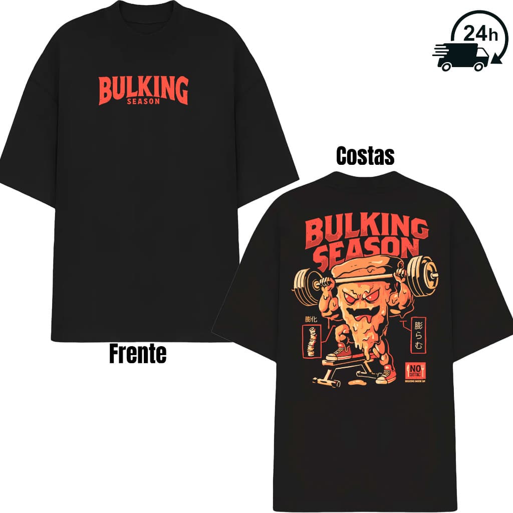 Camiseta Oversized Estampa Pizza Bulking Season Masculina 100% Algodão Streetwear Confortável