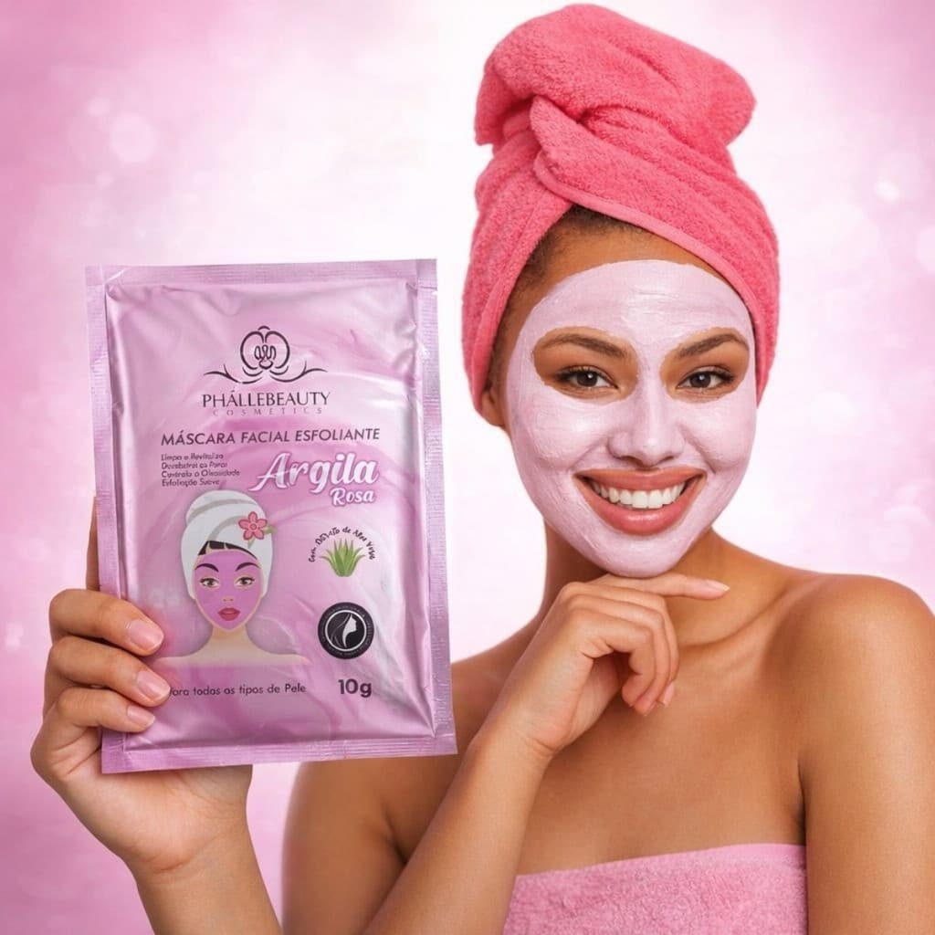 Kit 50 Máscara Facial Esfoliante Argila Rosa Sachê 10g - Phallebeauty Regeneradora