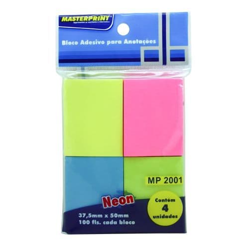 BLOCO ADESIVO ANOTACAO 37,5X50MM NEON 4 CORES 4X100FOLHAS PAPAELARIA ESCRITÓRIO MASTER PRINT