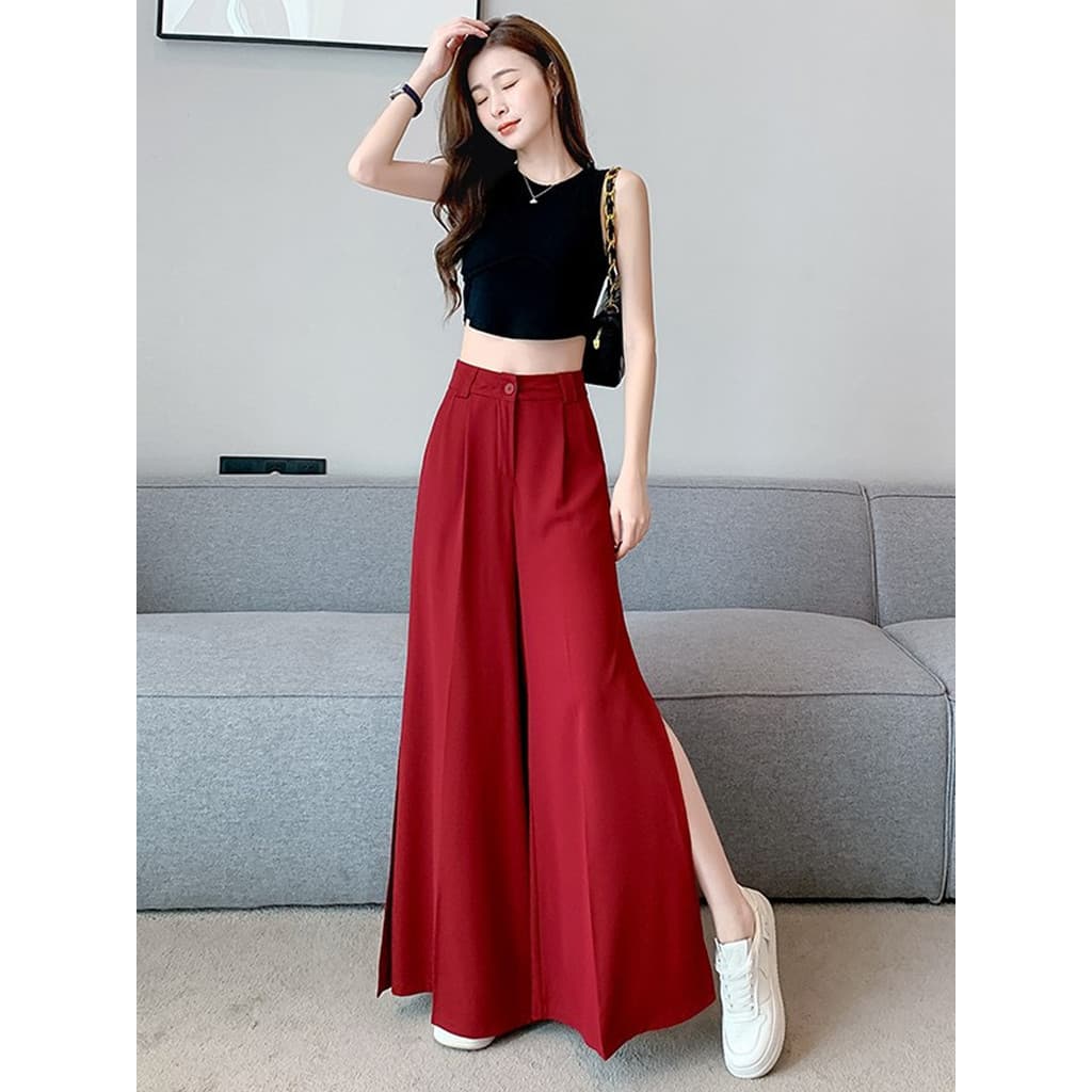 Drape terno calças de perna larga feminina 2026 verão novo estilo versão coreana pequena cintura alta Casual fenda reta
