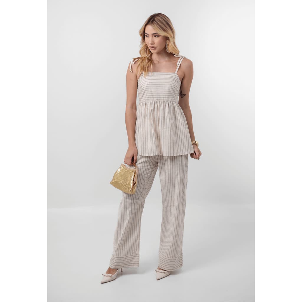 Conjunto Listrado Com Alças Com Amarração Aos Ombros E Calça Reta Com Caimento Elegante - Íris