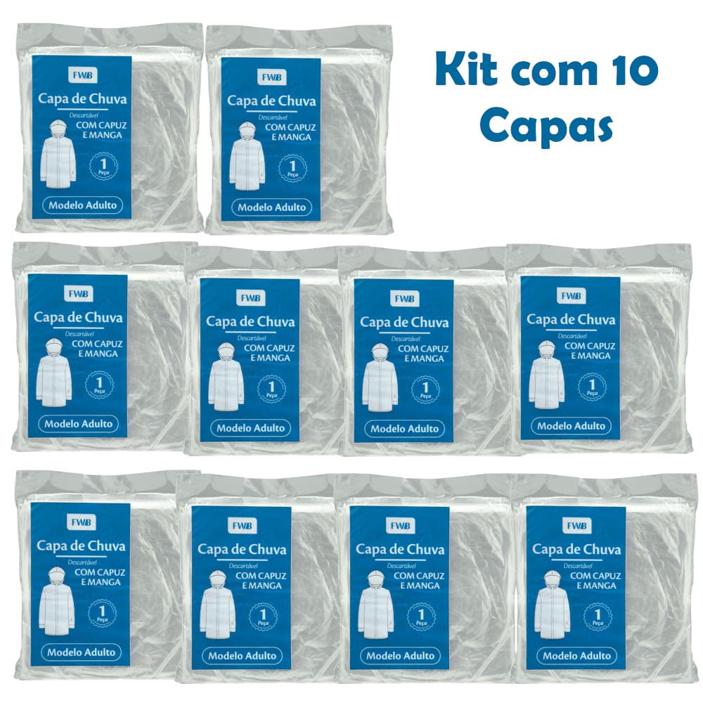 Kit 5 e 10 Capa de Chuva - COM CAPUZ E MANGA - Modelo Adulto - Descartavél