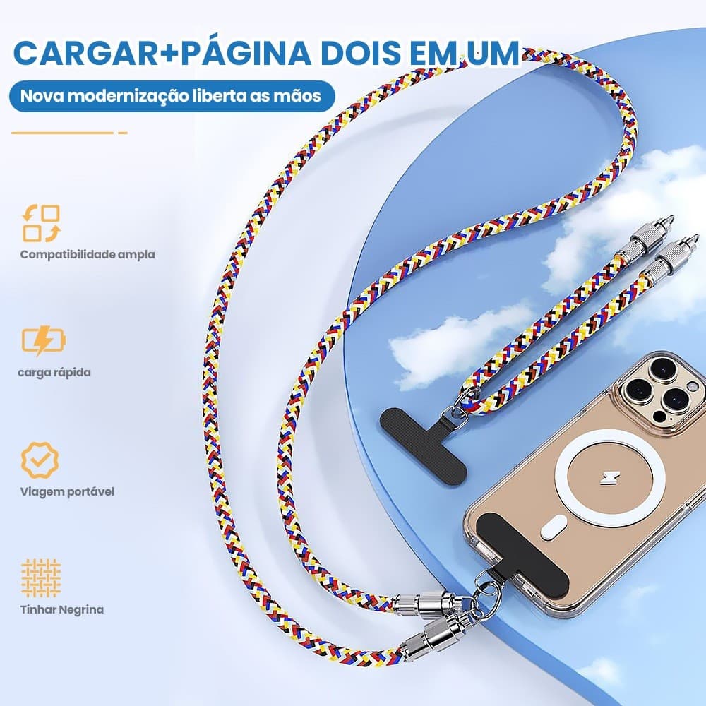Cordão-Cabo 2 em 1 carregamento turbo PD 60W com alça, trava de zinco Para iPhone 15/16 e Android, universal e seguro