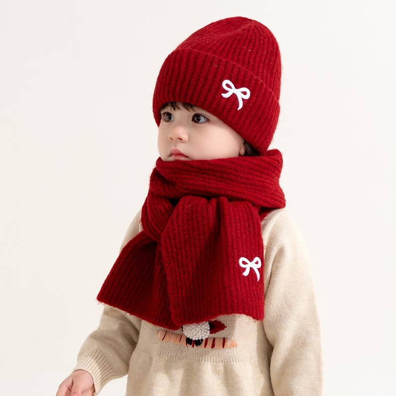 Crianças chapéu outono inverno meninas malha lã chapéu cachecol conjunto de duas peças menino ano novo vermelho quente c