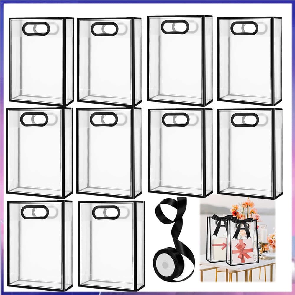Saco de presente de PVC transparente transparente 10/20/30pcs Sacola de fita preta Bolsa de lembrança