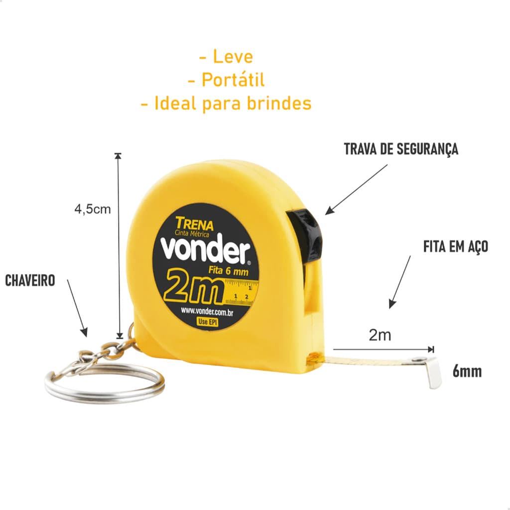 Trena Chaveiro de Aço 2m x 6mm Vonder Medições Rápidas Compacta Portátil Pocket Profissional