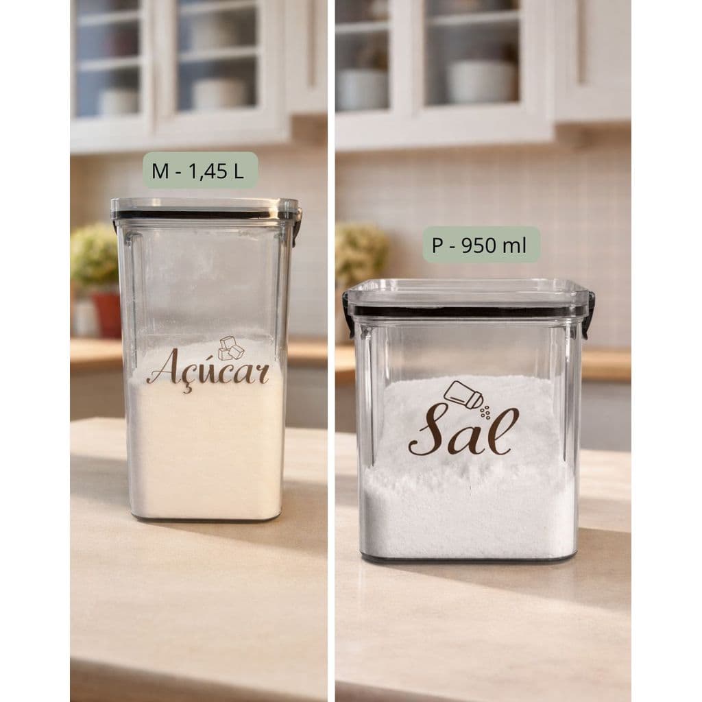 Kit Pote Hermético Acrílico M- 1,45L Açúcar e P- 950ml Sal – Tampa Vedação de Click/Organização