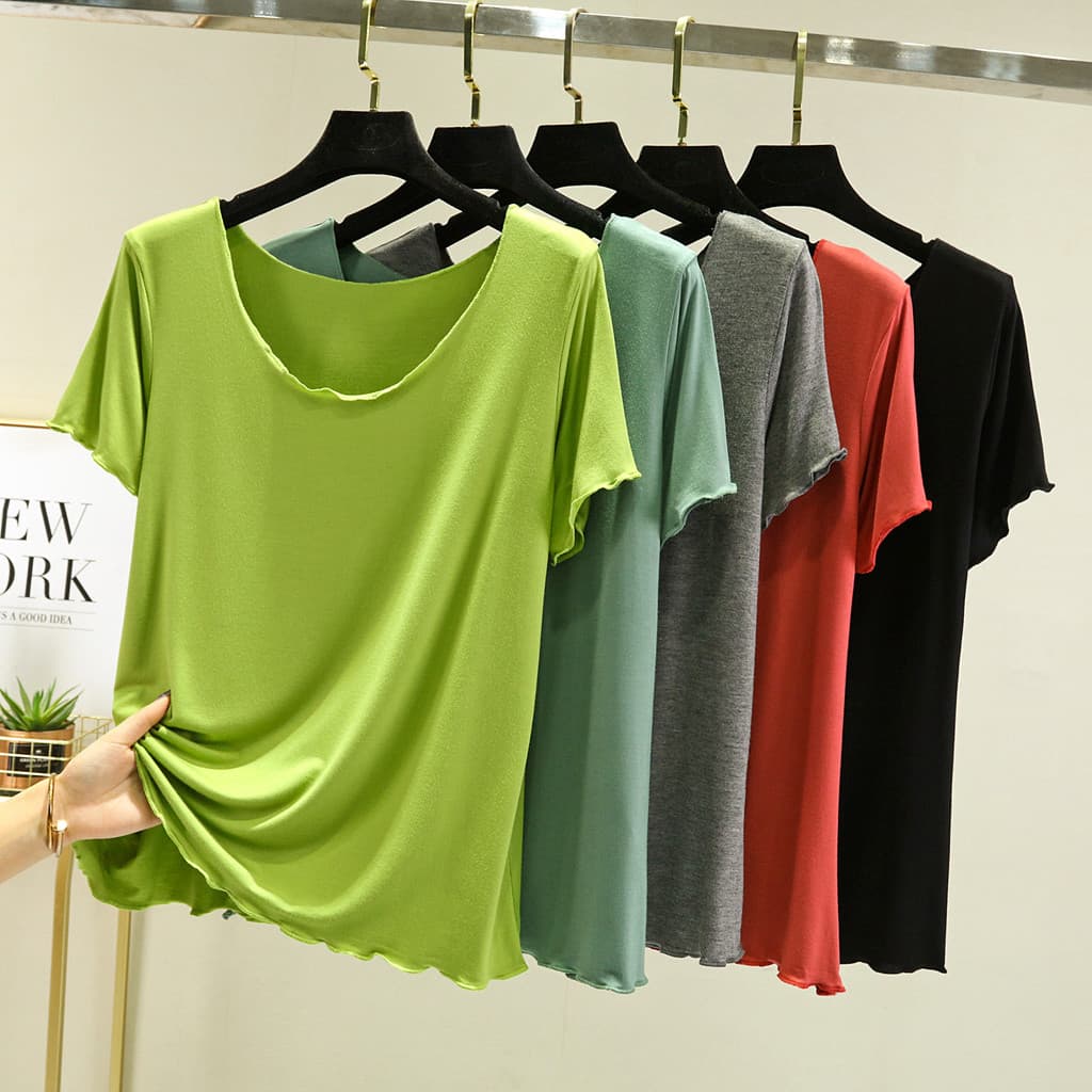 Modal camiseta de manga curta feminina verão Plus Size interior em torno do pescoço camisa de fundo estilo fino seda gel