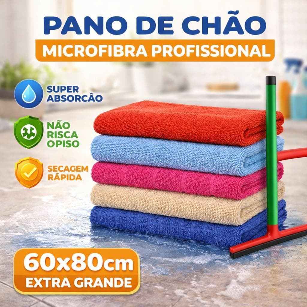 Pano de Chão Microfibra 60x80 Super Absorvente | Não Solta Fiapo e Seca Rápido