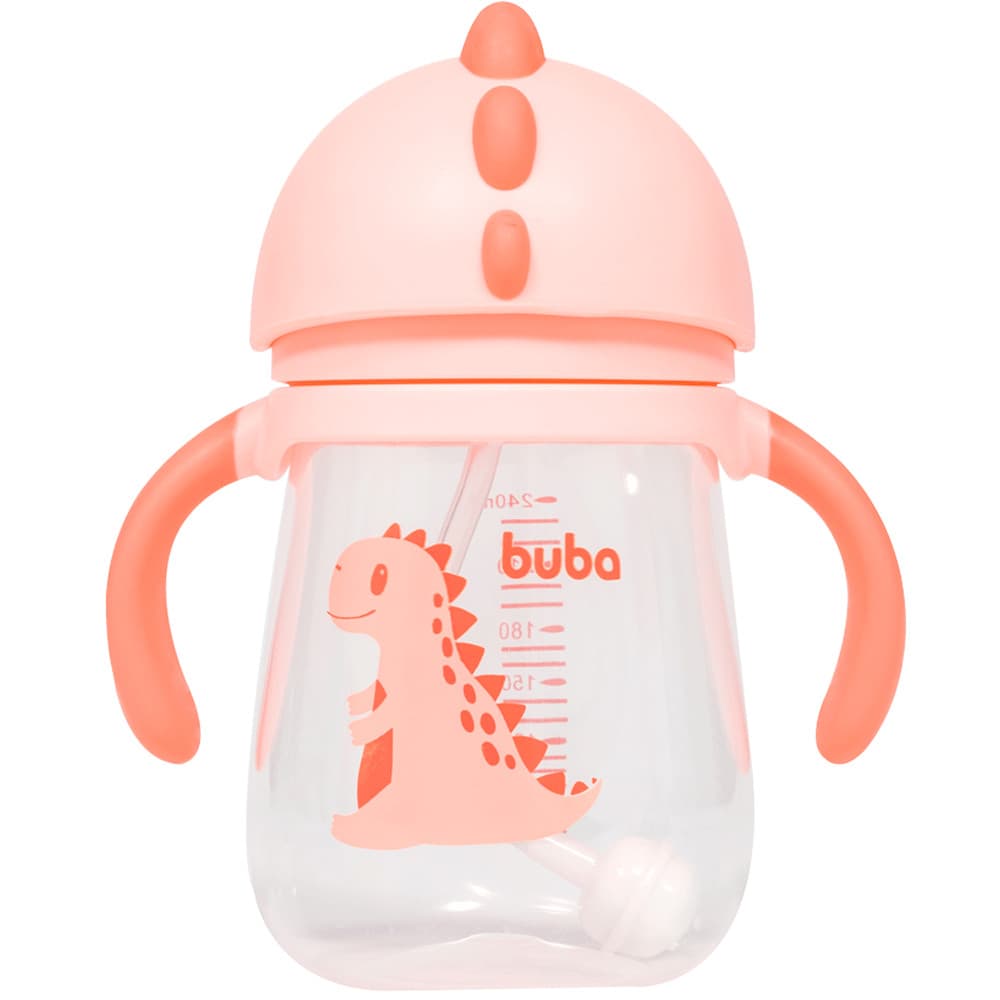 Copo Transição Treinamento Infantil Buba Dino Rosa 240ml Com Canudo Silicone e Dispositivo Anti-ar
