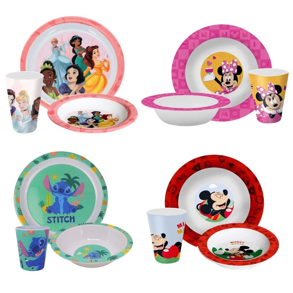 Jogo Refeição Infantil Disney 3 Peças Prato, Tigela e Copo Princesas, Minnie, Mickey e Stitch