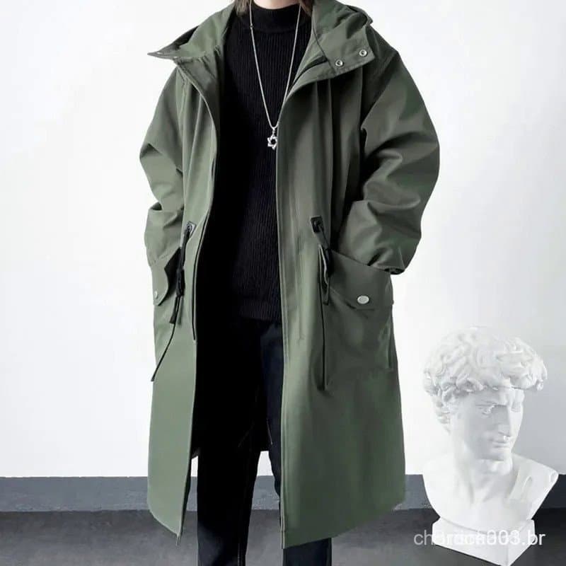 Casaco Masculino de Comprimento Médio com Capuz, Trench Coat Verde Exército, Sobretudo Streetwear 1F2V D3E5 1VKL
