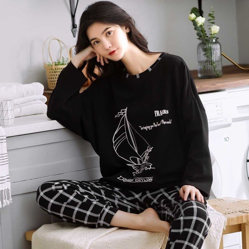 Pijamas femininos de manga comprida primavera outono versão coreana estudante bonito fino tamanho grande solto doce Casu