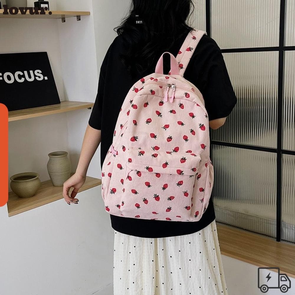 Mochila de viagem LOVUR, padrão morango, alça de ombro ajustável, Design com vários bolsos, grande capacidade, estilo fe