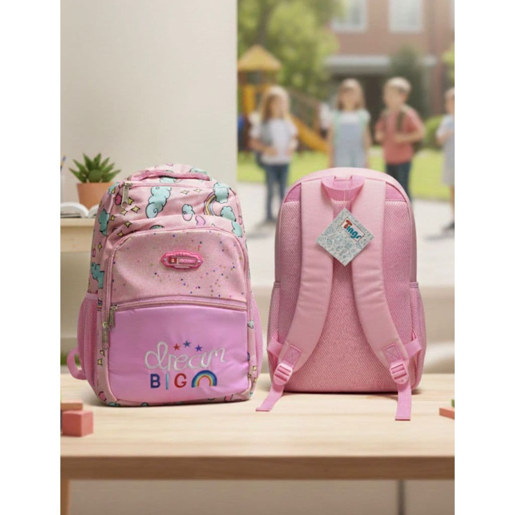 Mochila Escolar Infantil Para Menina Rosa Arco Iris Moderna 18 Litros Suporte Garrafinha