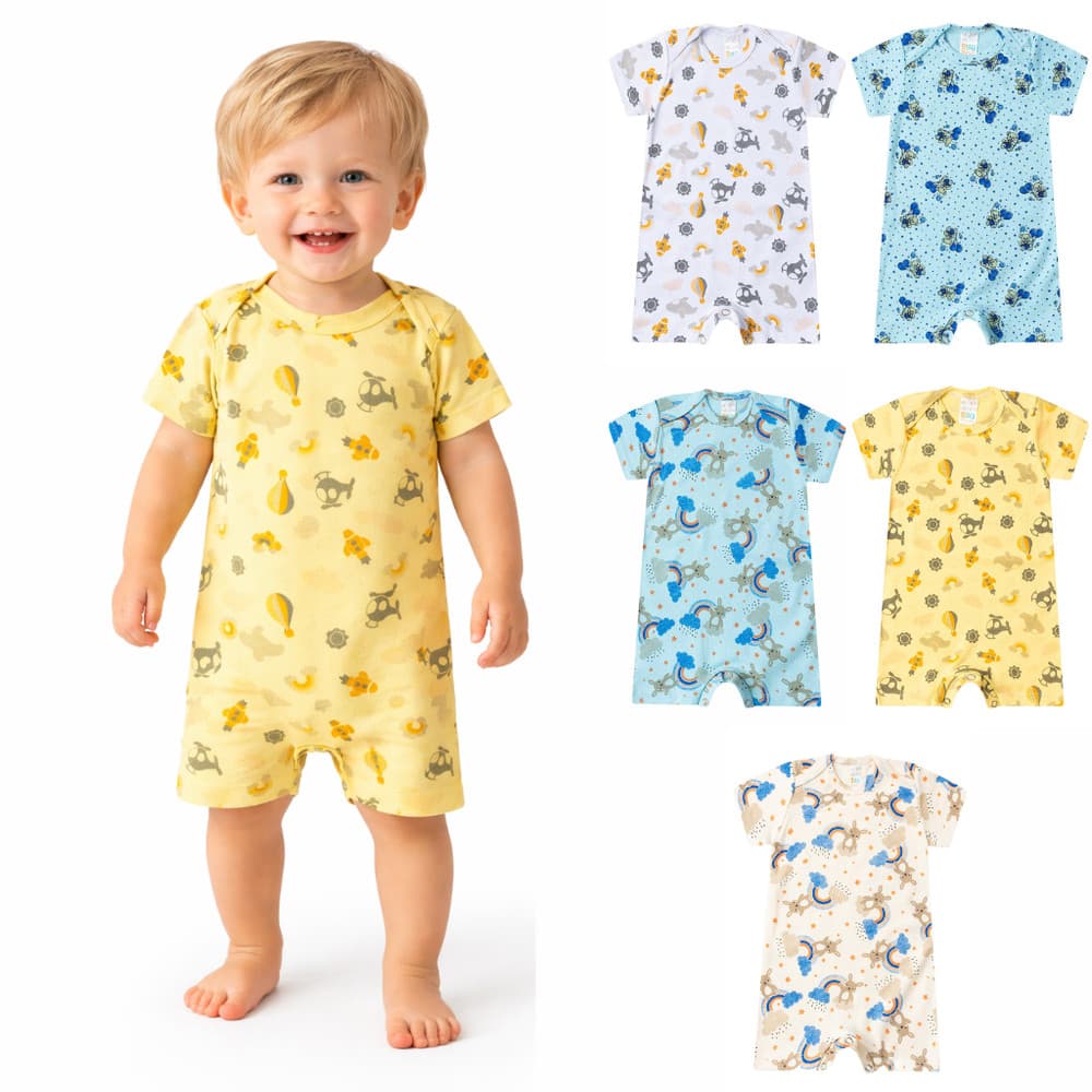 Kit 5 Macaquinhos Bebê Menino | Suedine Premium 100% Algodão | Toque Macio | P ao 3 Anos