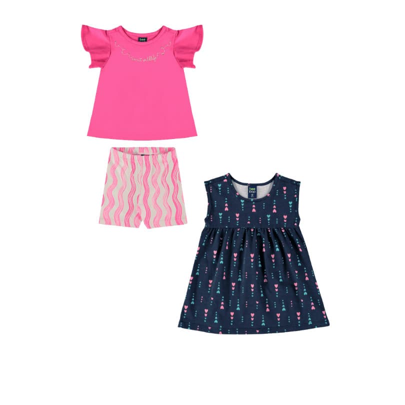 Kit Infantil Menina 3 Peças - Conjunto Camiseta e Shorts Algodão e Vestido - Confortável