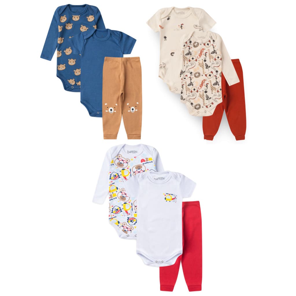 KIT 3 CONJUNTOS 9 PEÇAS BEBÊ MENINO BODY E CALÇA SUEDINE