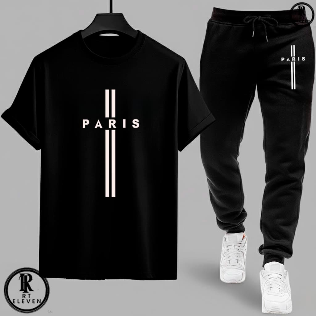 Kit Conjunto Paris  Camiseta e Calça moletom  Moda masculina camiseta casual Malha Algodão + calça Moletom Com bolso