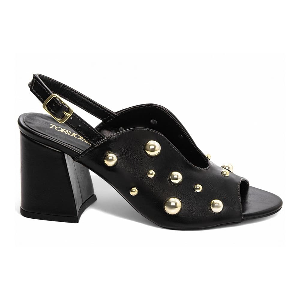 Sandália Ankle Boot Feminina Salto Bloco Ajuste Fivela frente Aberto Apliques Dourado