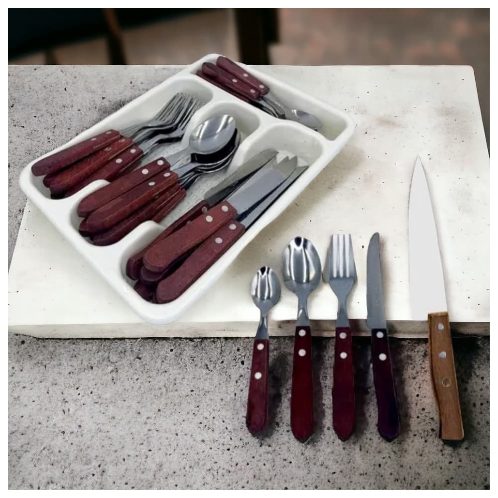Kit 24 Talheres Faqueiro Com Porta Talher Em Madeira