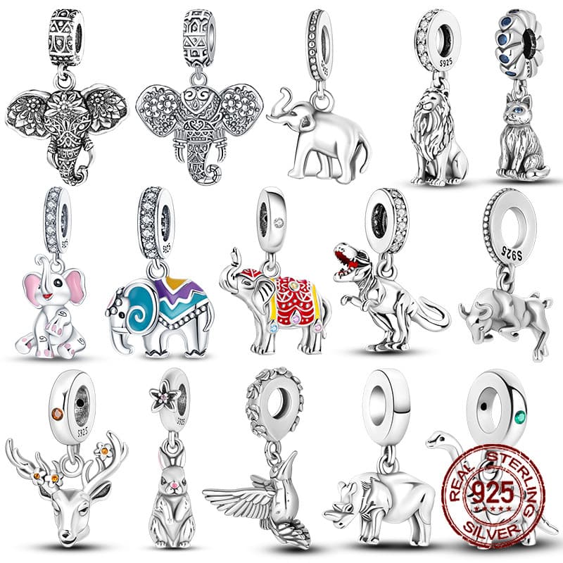 Charms Berloque 925 Prata Elefante Leão Rinoceronte Dinossauro Animal Encantador Contas Caber 4MM Diâmetro Do Pulseiras