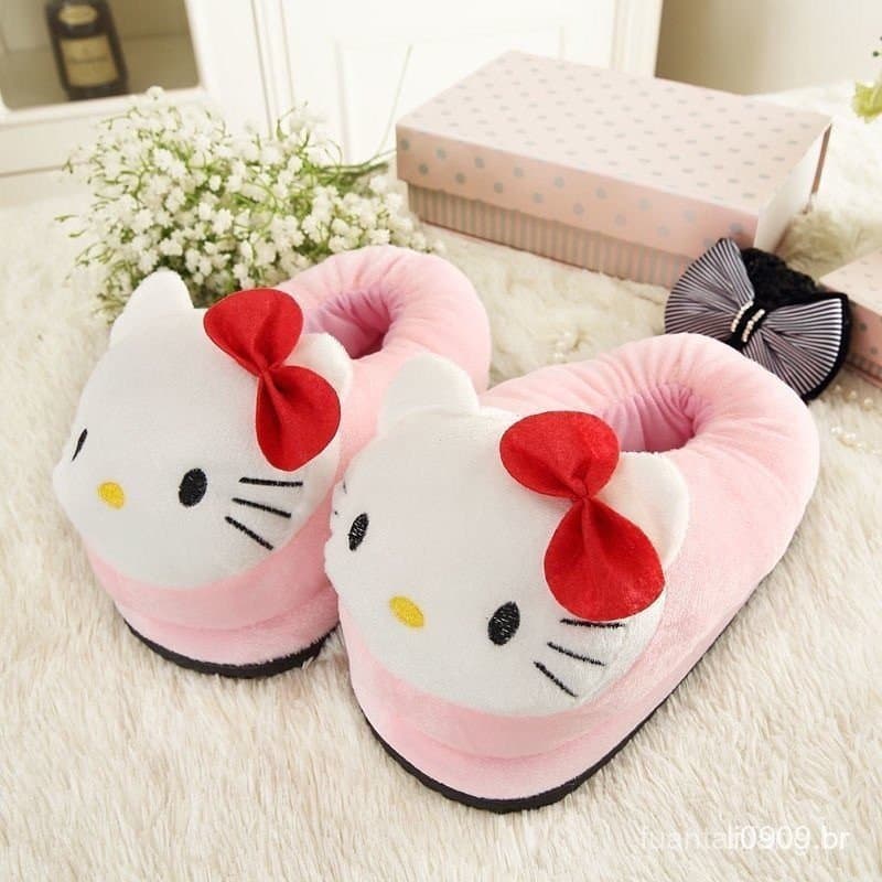 Chinelos de Espuma Rosa para Casal de Inverno, Algodão Vermelho, Hello Kitty, Gato, Ponto, Veludo Super Macio, Redondos